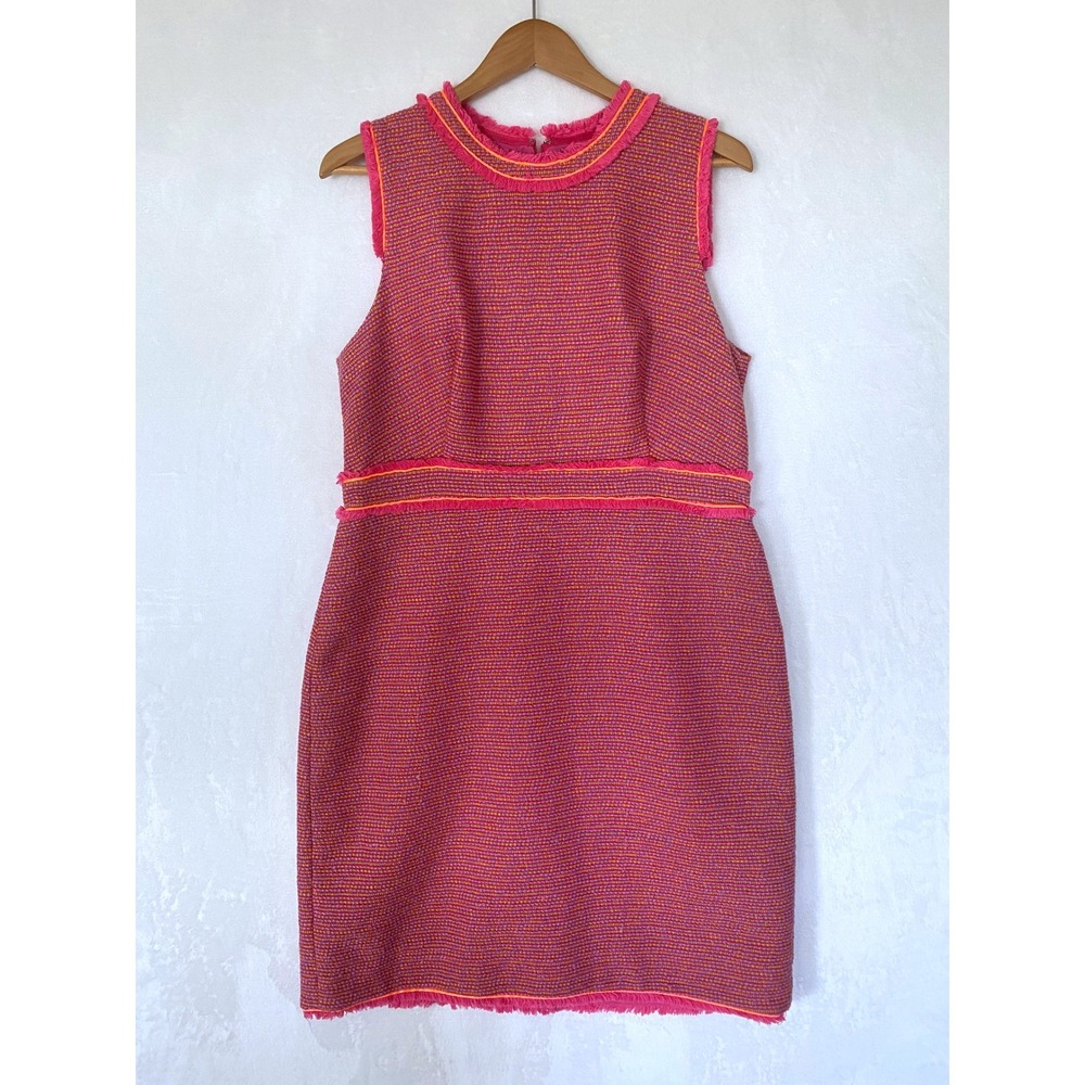J Crew Tweed Dress Pink Holiday Preppy Fringe Sleeveless Sheath Size‎ 14